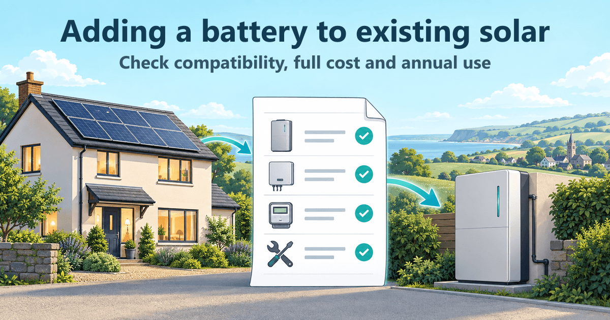 Concept illustration of an existing solar home, an itemised battery quote and a generic home battery installation.