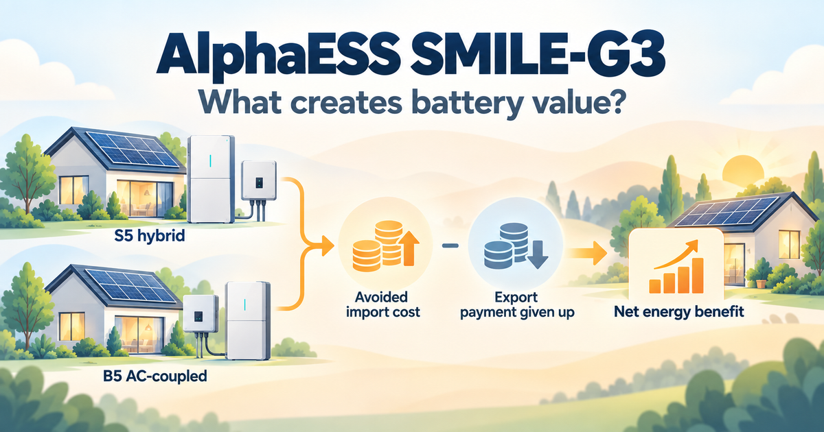 Concept illustration comparing SMILE-G3 S5 hybrid and B5 AC-coupled paths, with avoided import cost minus export payment given up.