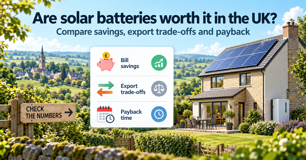 Illustration of a UK solar home with a battery beside a comparison of bill savings, export trade-offs and payback time.