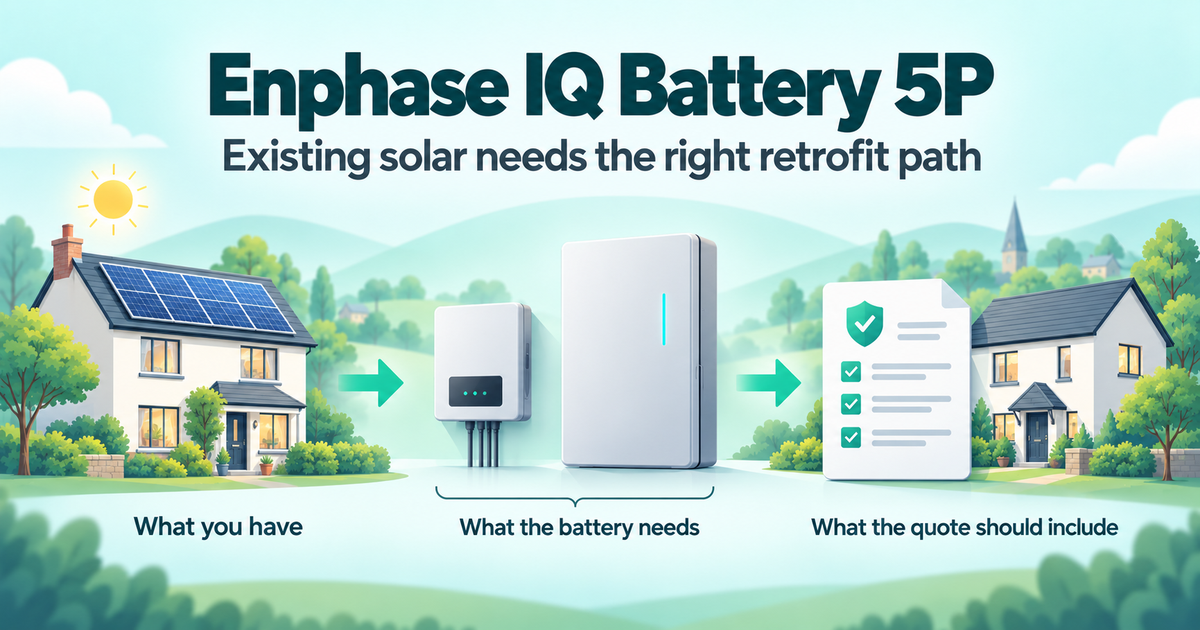 Concept illustration of an existing-solar home, generic battery and control equipment, and an itemised quote checklist.