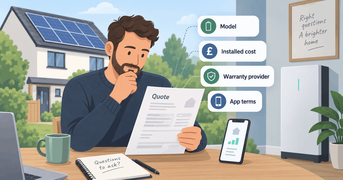 Illustration of four checks on a battery quote: model, installed cost, warranty provider and app terms.
