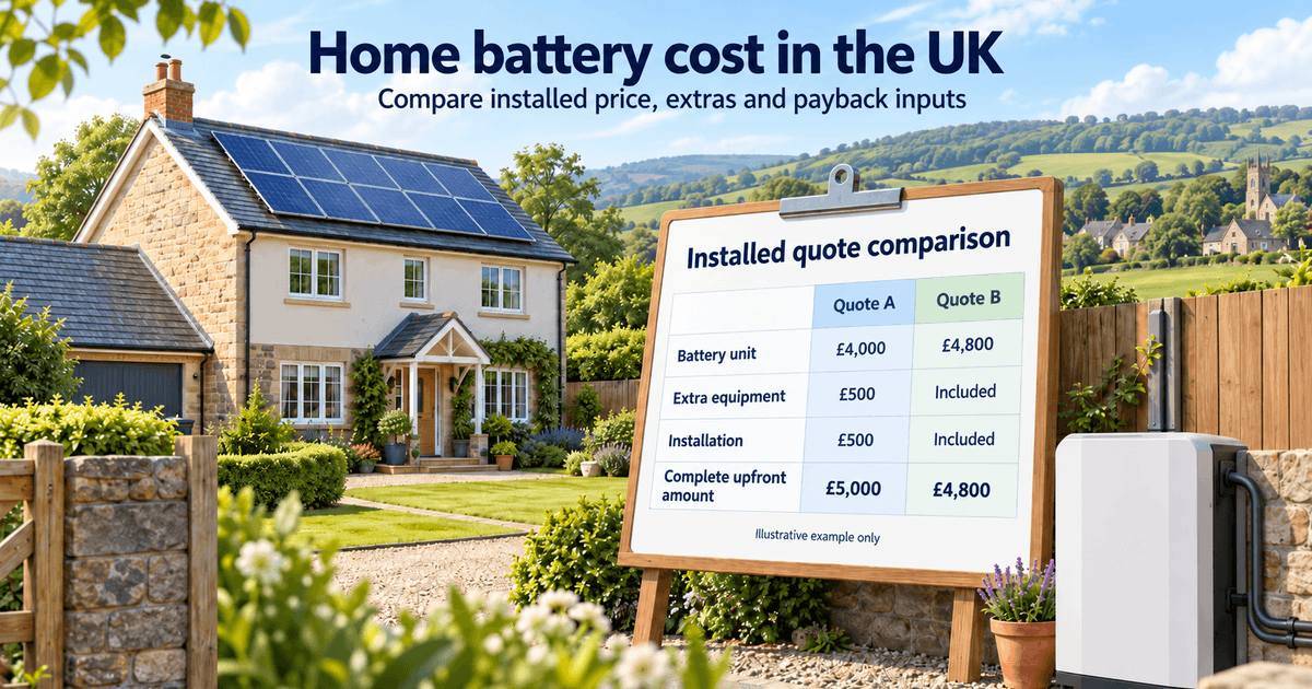 Illustration of a UK home with rooftop solar, a home battery and a fictional Quote A versus Quote B installed-cost table.