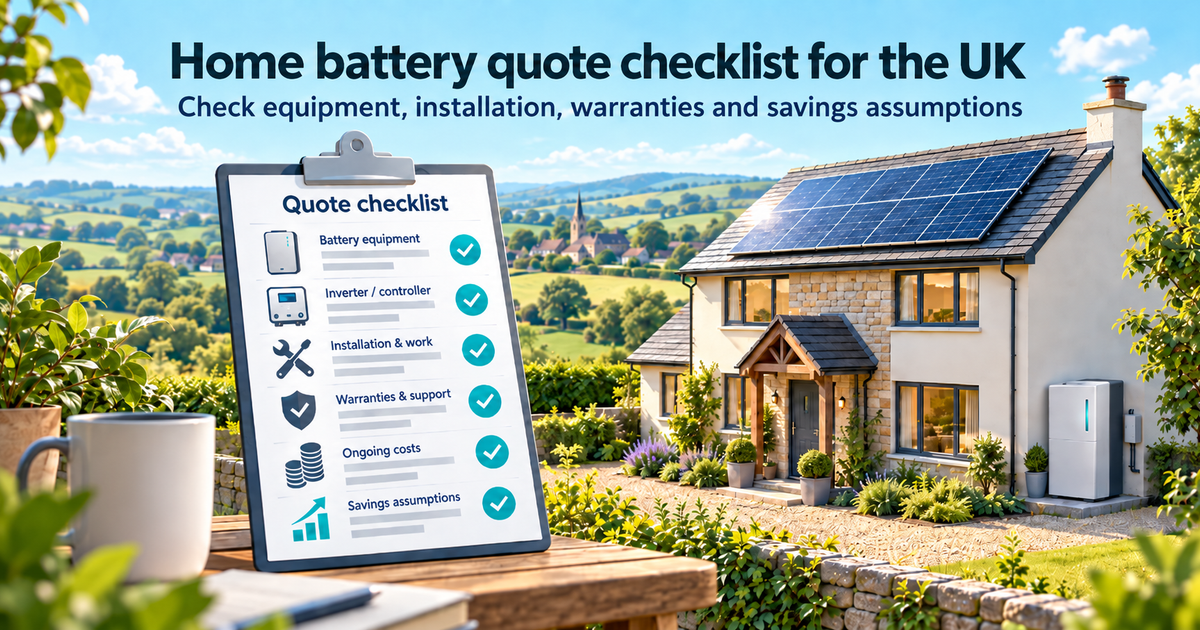 Illustrated home battery quote checklist beside a UK country home with rooftop solar panels and a wall-mounted battery.
