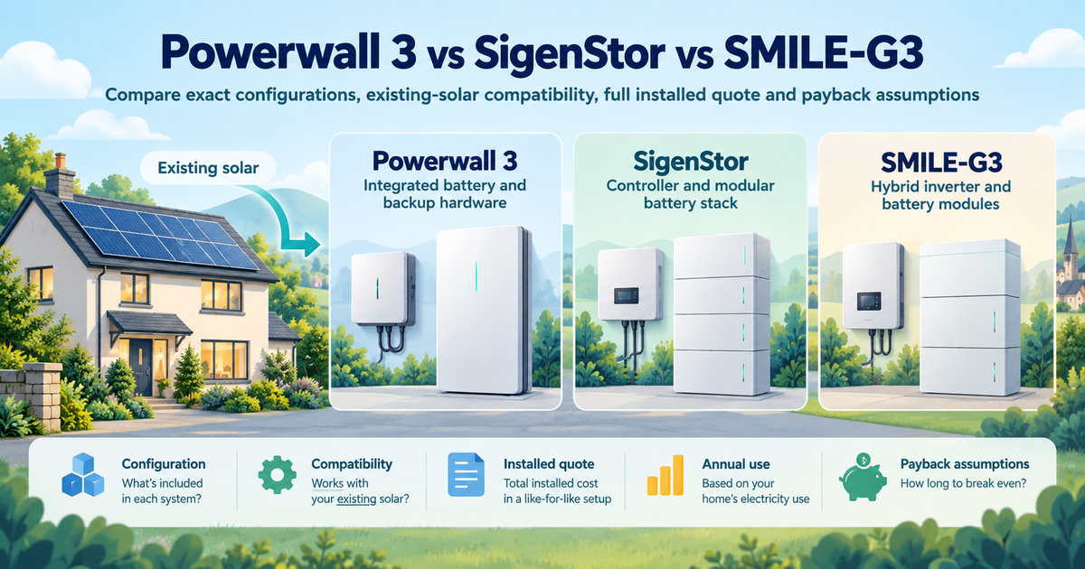 Concept illustration comparing an existing-solar home with three equal Powerwall 3, SigenStor and SMILE-G3 quote paths.