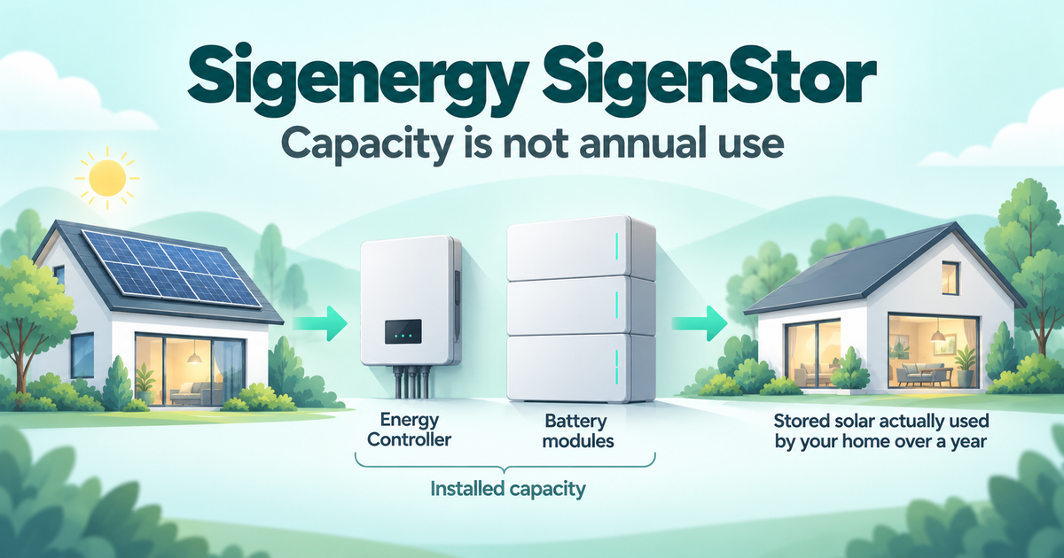 Concept illustration showing a SigenStor Energy Controller and battery modules separately from stored solar used by a home over a year.