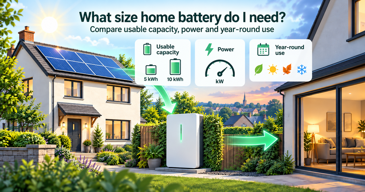 Illustration of a UK solar home with a battery, comparing usable capacity, power and year-round use.